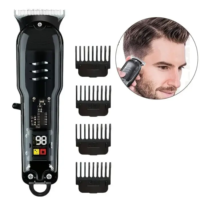 Professional Cordless Hair Clipper Set with Guide Combs - প্রিসিশন স্টেইনলেস স্টিল ব্লেড ও ডিজিটাল ব্যাটারি ডিসপ্লেসম্বলিত চার্জার ট্রিমার