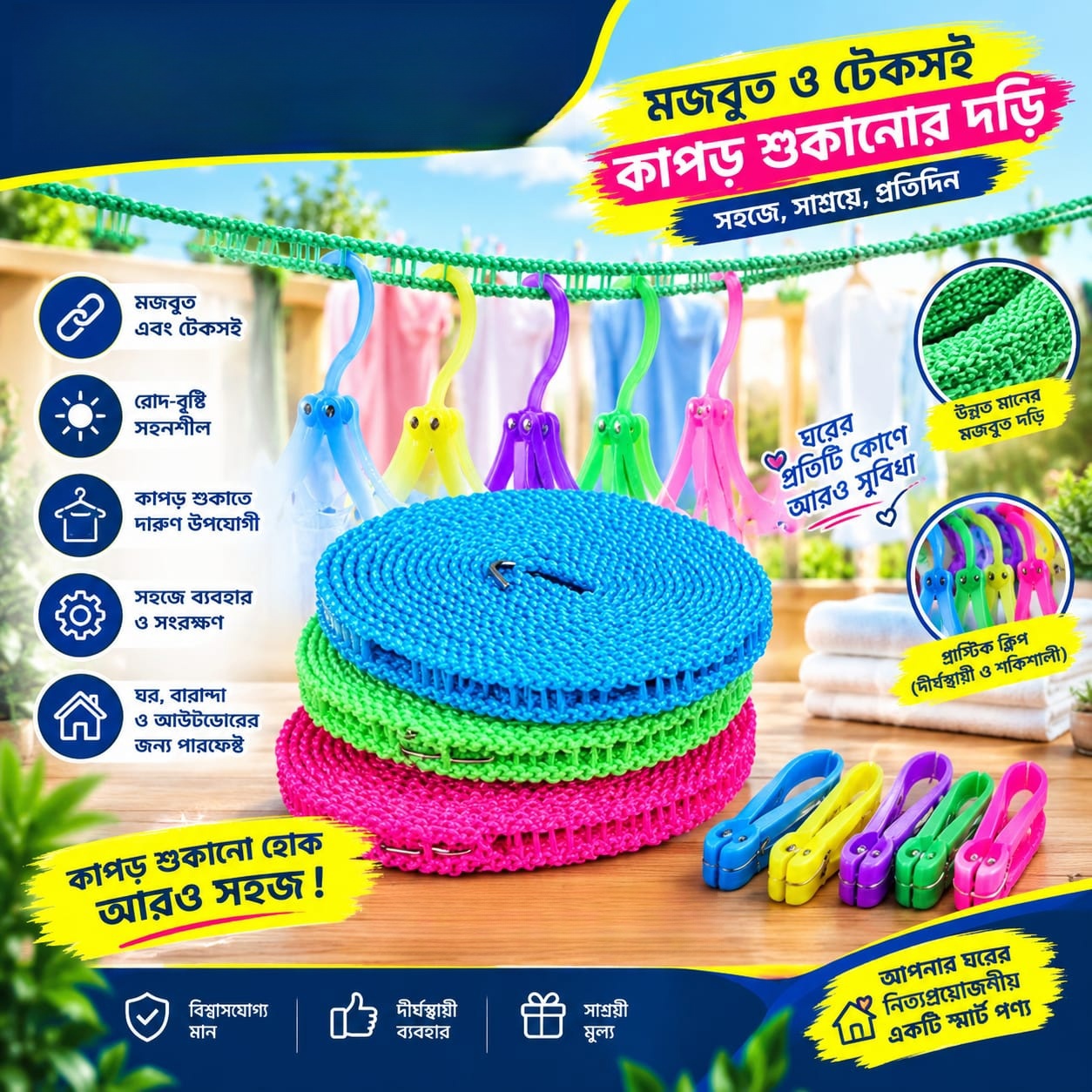 Windproof Clothesline Rope with Hooks