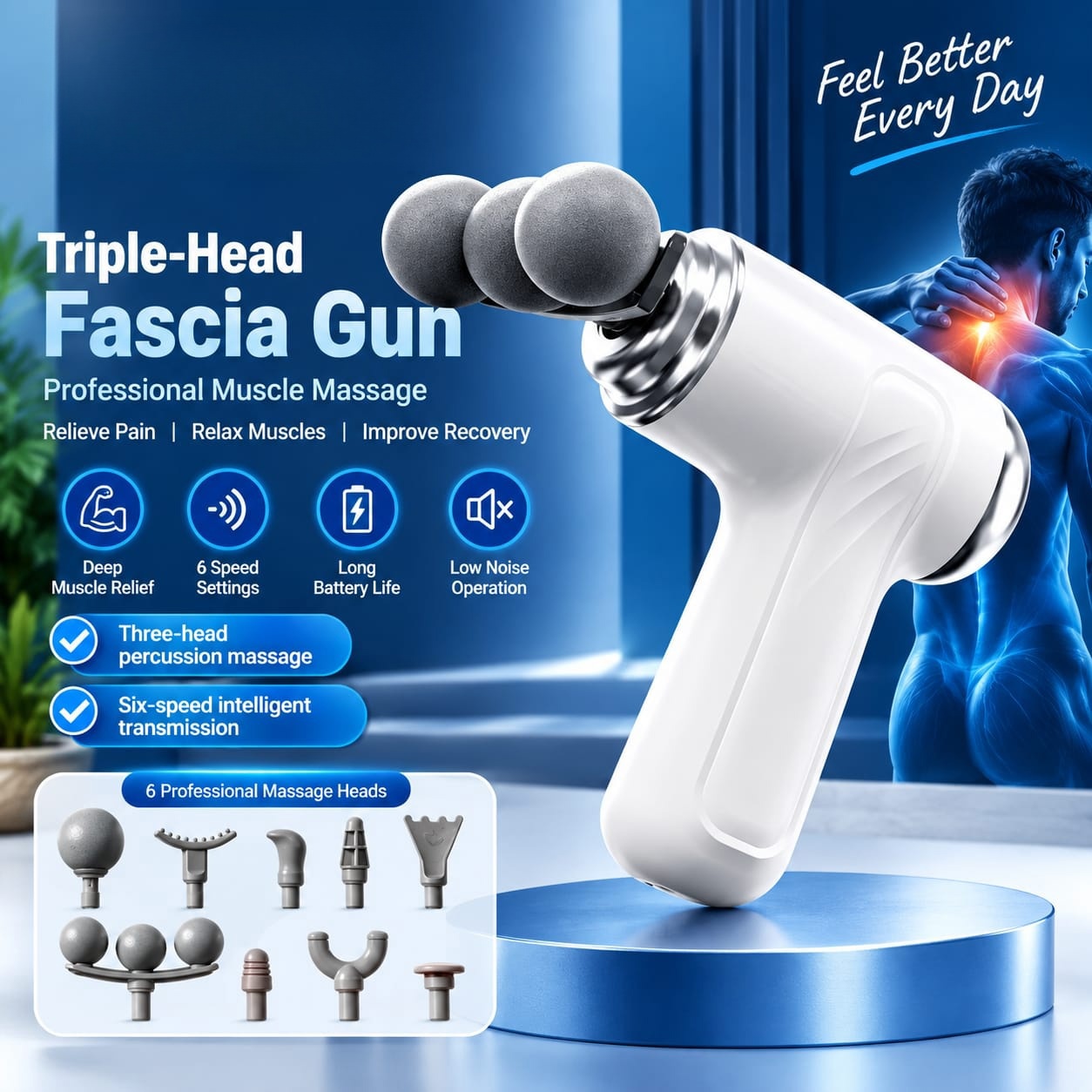 Triple-Head Rechargeable Fascia Massage Gun (6 Speed Settings)