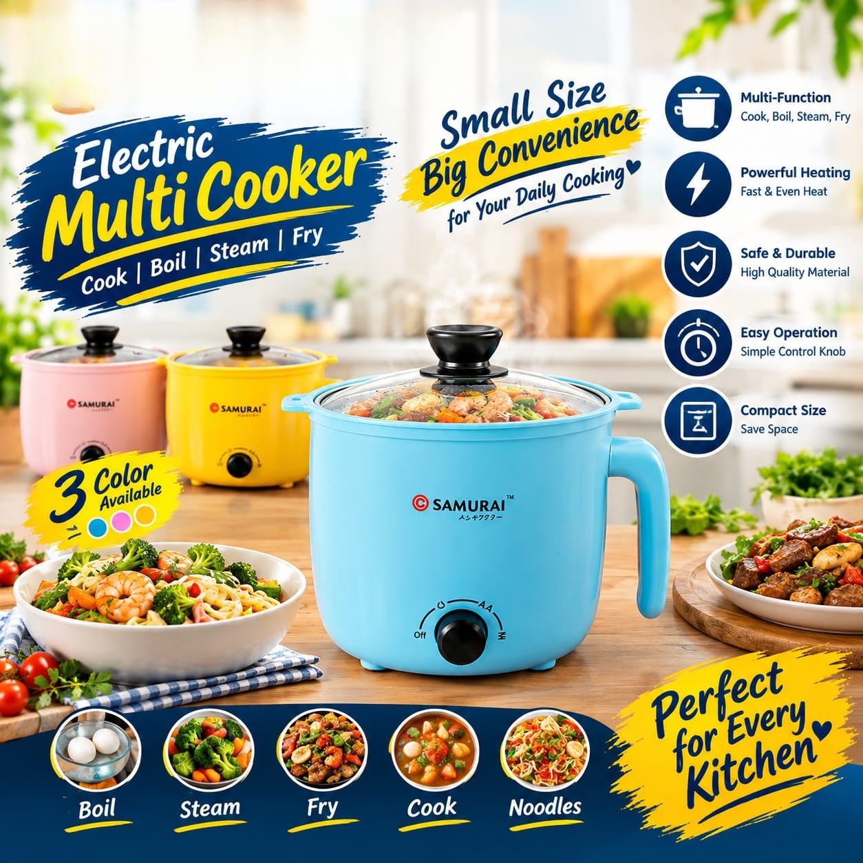 SAMURAI Portable Electric Multi Cooker (Boil, Steam, Fry)