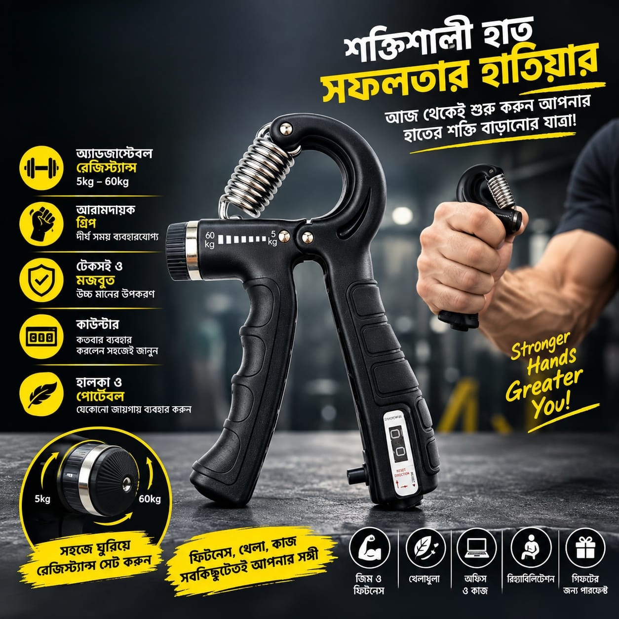 Adjustable Hand Grip Strengthener with Mechanical Counter (5kg - 60kg)