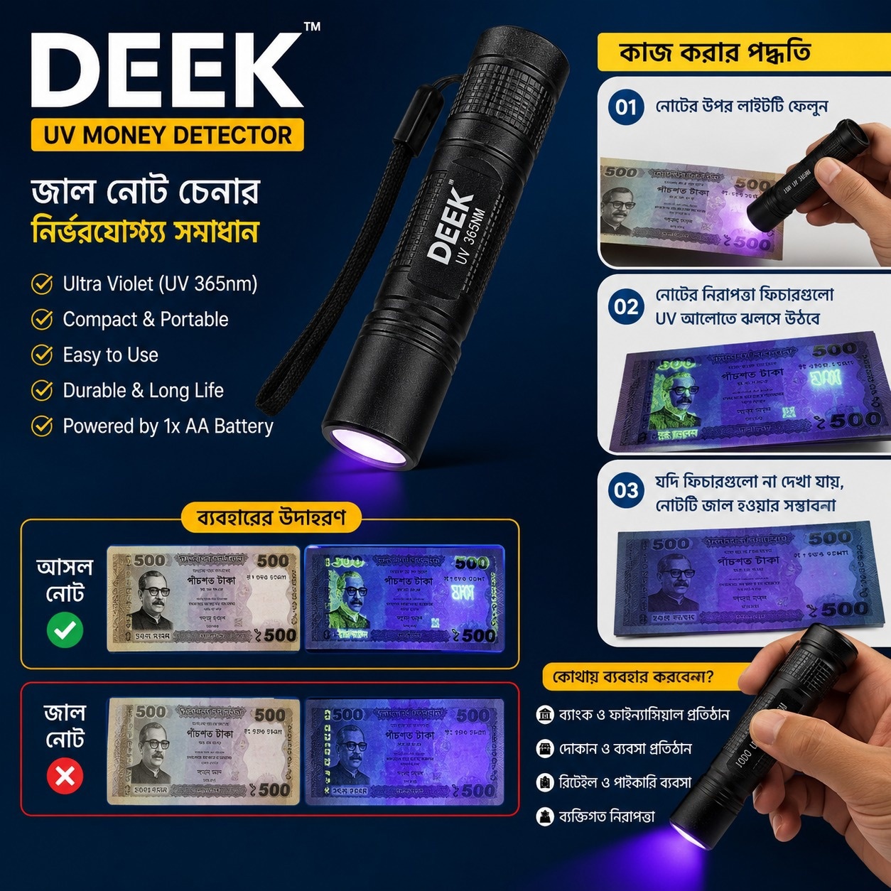 DEEK Portable UV Money Detector Flashlight (365nm)