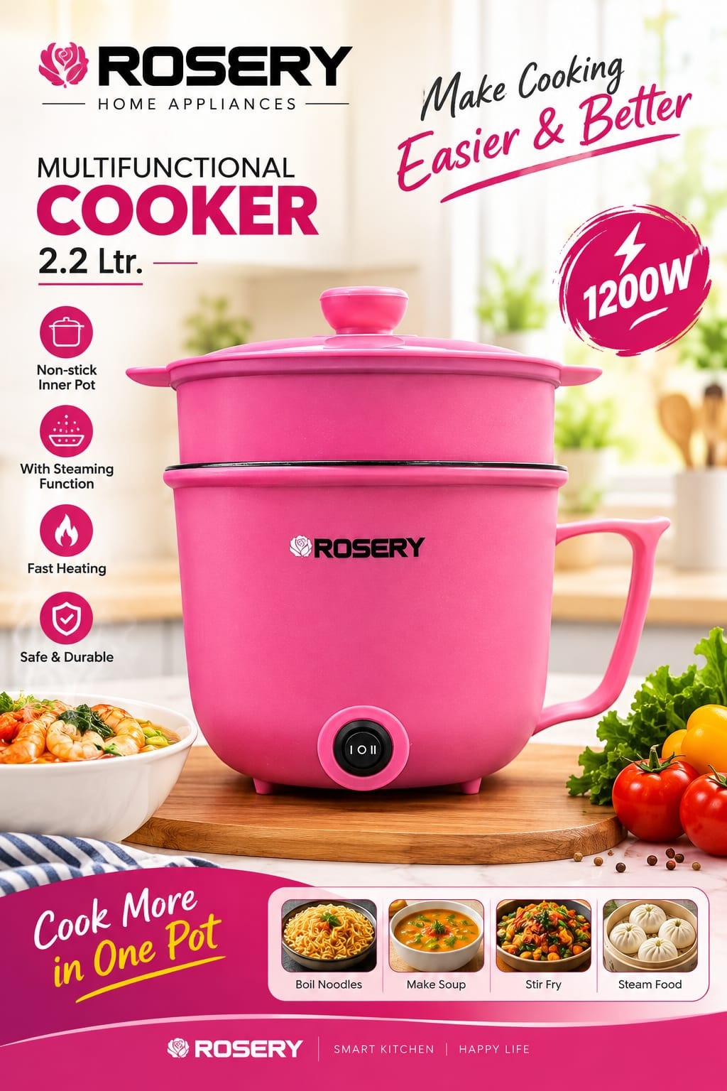 ROSERY 2.2L Multifunctional Electric Cooker with Steamer (1200W)