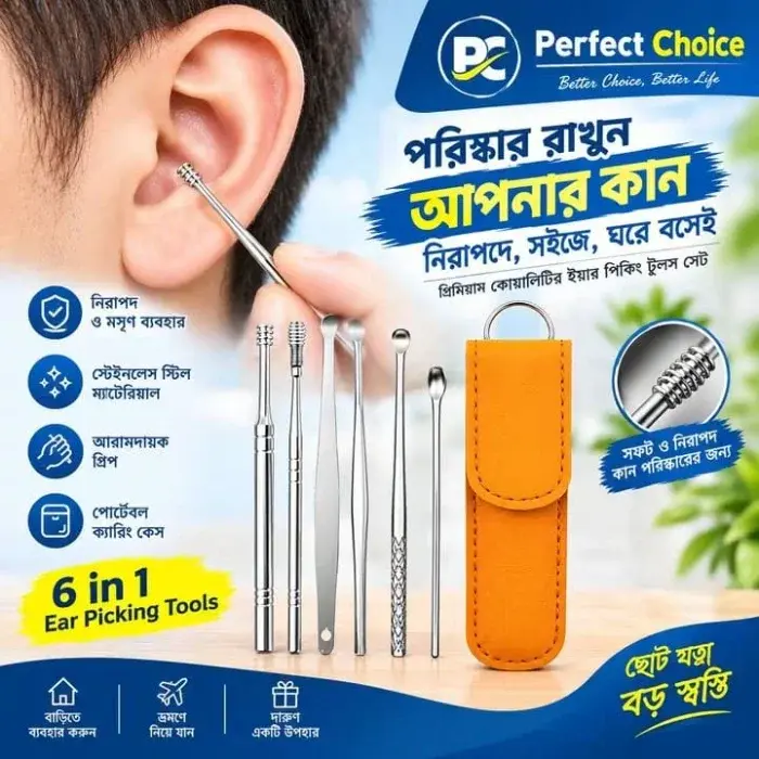 6 in 1 Stainless Steel Ear Cleaner Set with Leather Case - কান পরিষ্কারের প্রিমিয়াম ইয়ার পিকিং টুলস সেট